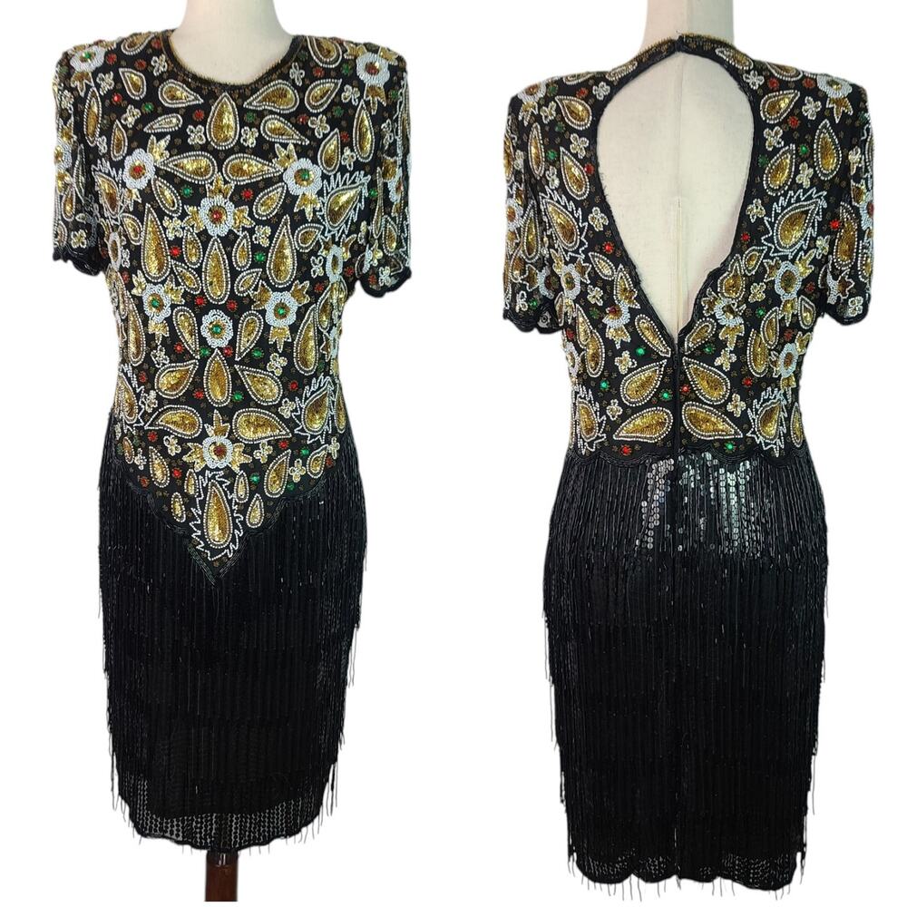 Sweelo Beaded Silk Black Gold Green Vintage Flapper Style Cocktail Evening Dress